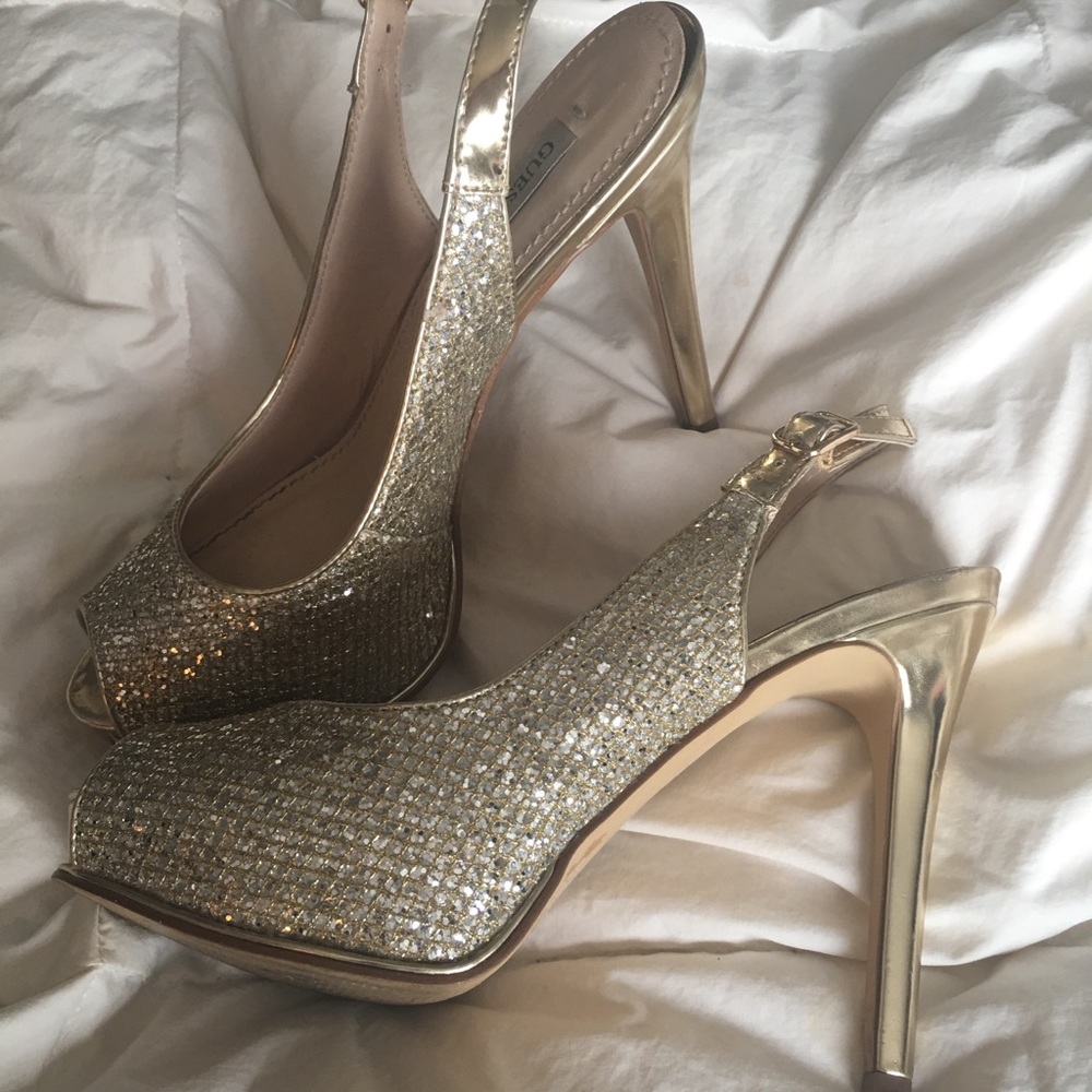 GUESS sparkly gold sling back heels